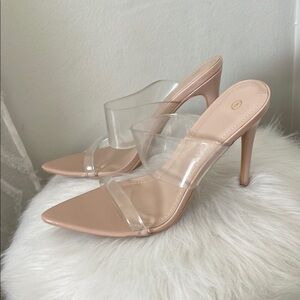Tan and Cream High-Heeled Mules with Clear Strap